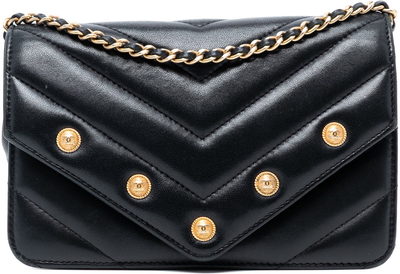 Chanel Chevron Lambskin Button Wallet On Chain Zwart