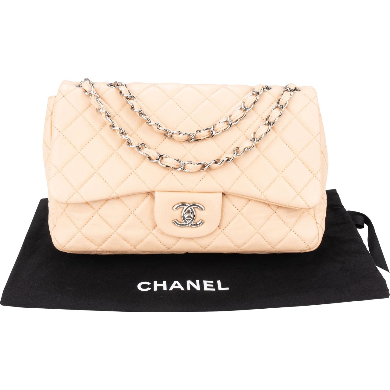 Chanel Soft Quilted Lambkskin Palladium Jumbo Single Flap Crossbody Bag Beige