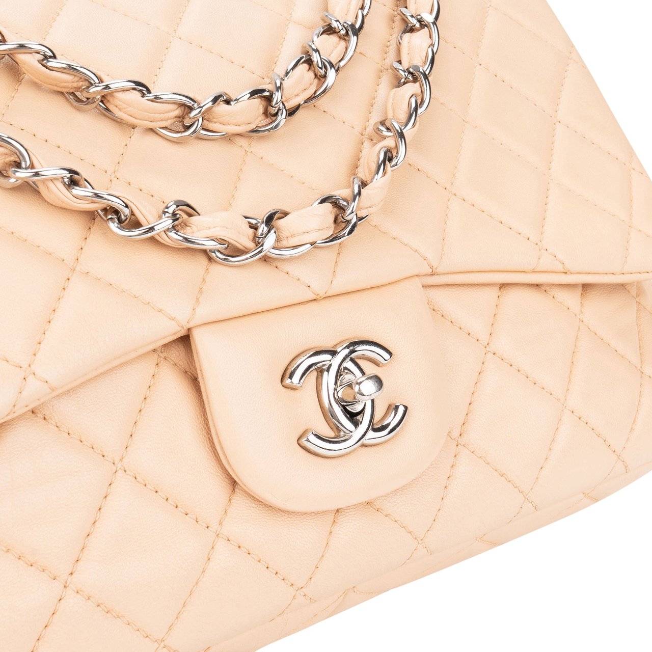 Chanel Chanel Soft Quilted Lambkskin Palladium Jumbo Single Flap Crossbody Bag Beige