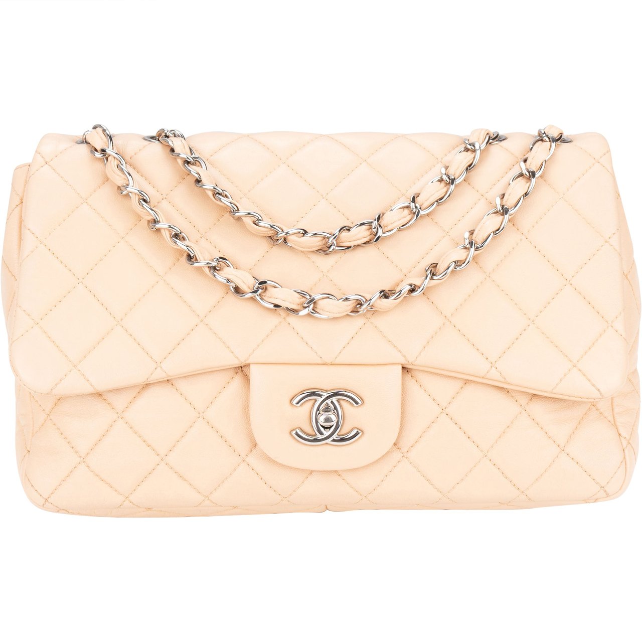 Chanel Chanel Soft Quilted Lambkskin Palladium Jumbo Single Flap Crossbody Bag Beige