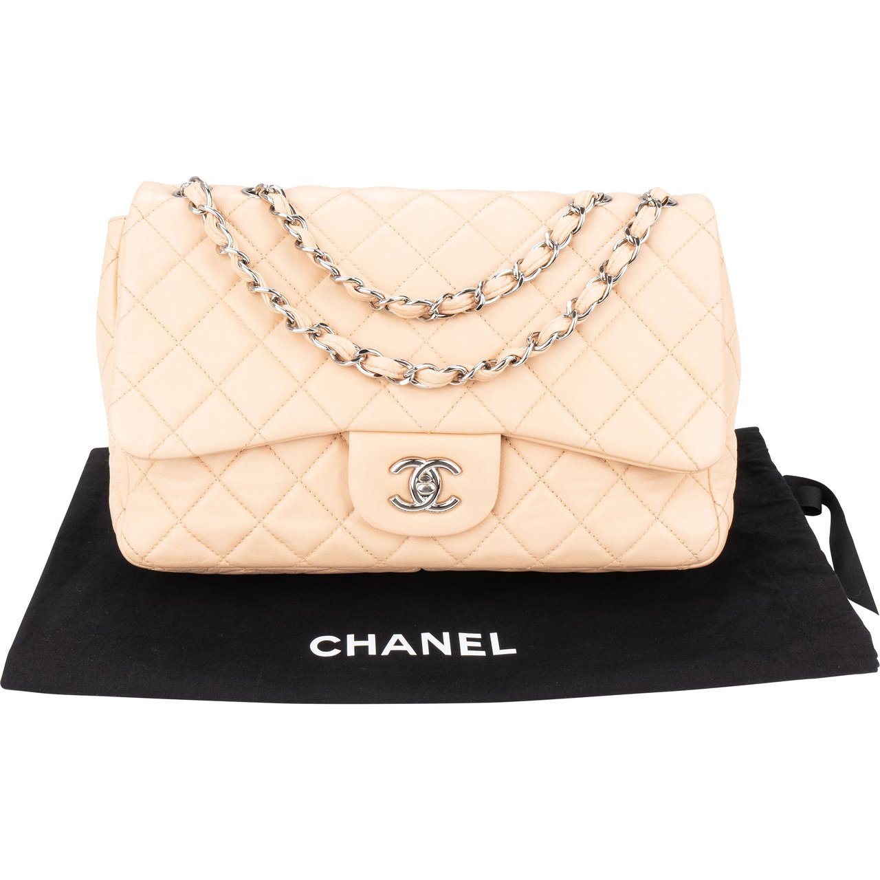 Chanel Chanel Soft Quilted Lambkskin Palladium Jumbo Single Flap Crossbody Bag Beige