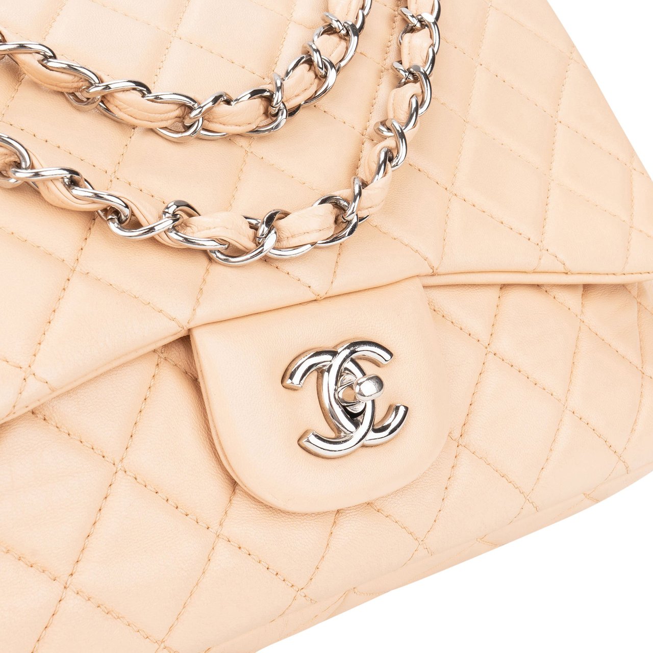Chanel Soft Quilted Lambkskin Palladium Jumbo Single Flap Crossbody Bag Beige