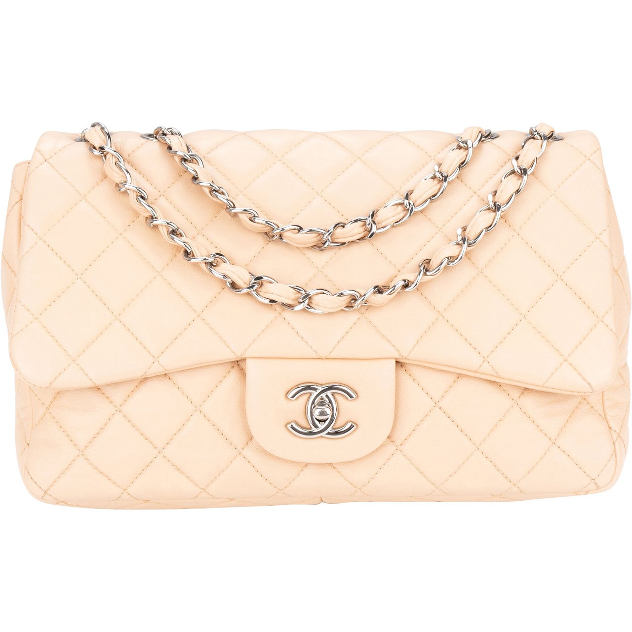Chanel Soft Quilted Lambkskin Palladium Jumbo Single Flap Crossbody Bag Beige
