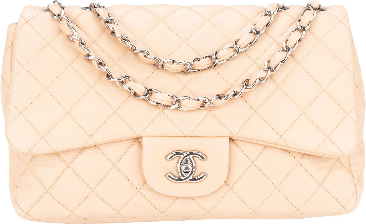 Chanel Chanel Soft Quilted Lambkskin Palladium Jumbo Single Flap Crossbody Bag Beige