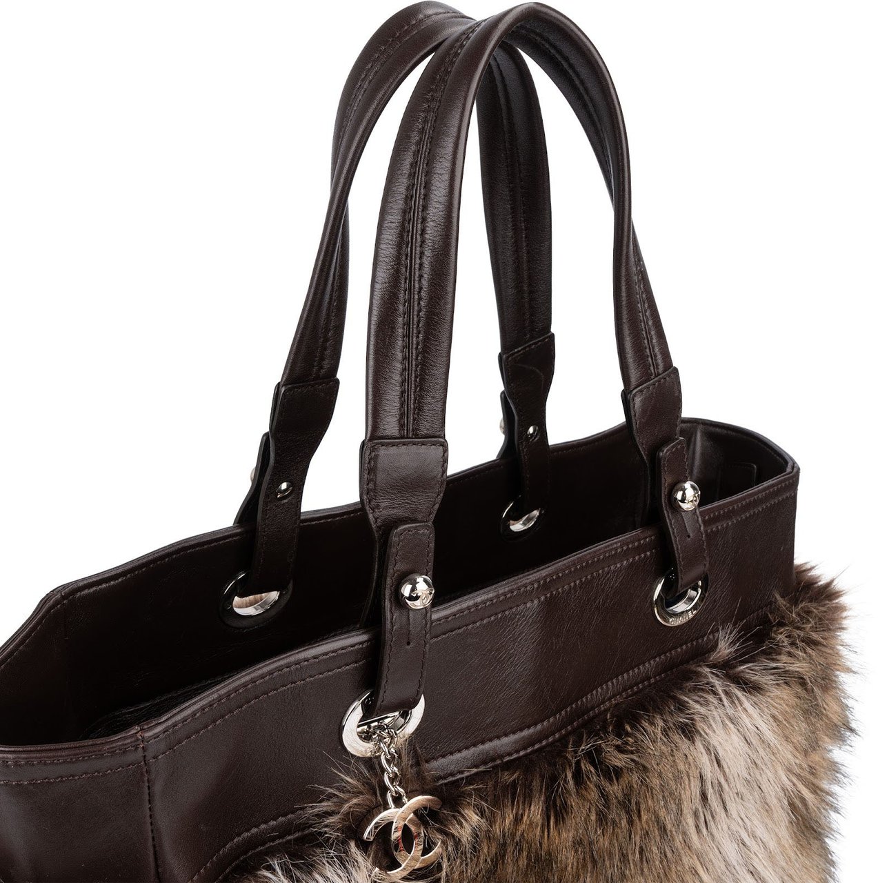 Chanel Chanel Faux Fur CC Charm Tote Handbag Bruin