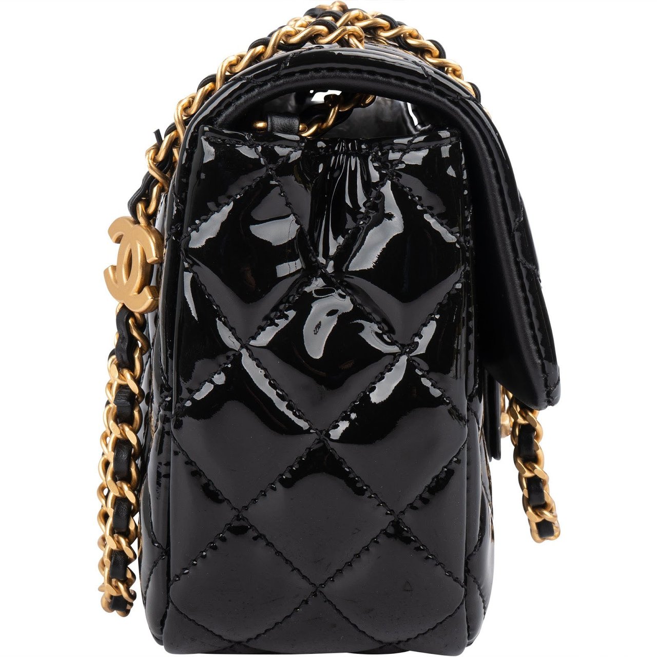Chanel Chanel Quilted Patent Leather Mini Rectangular Single Flap Heart Chain Crossbody Bag Zwart