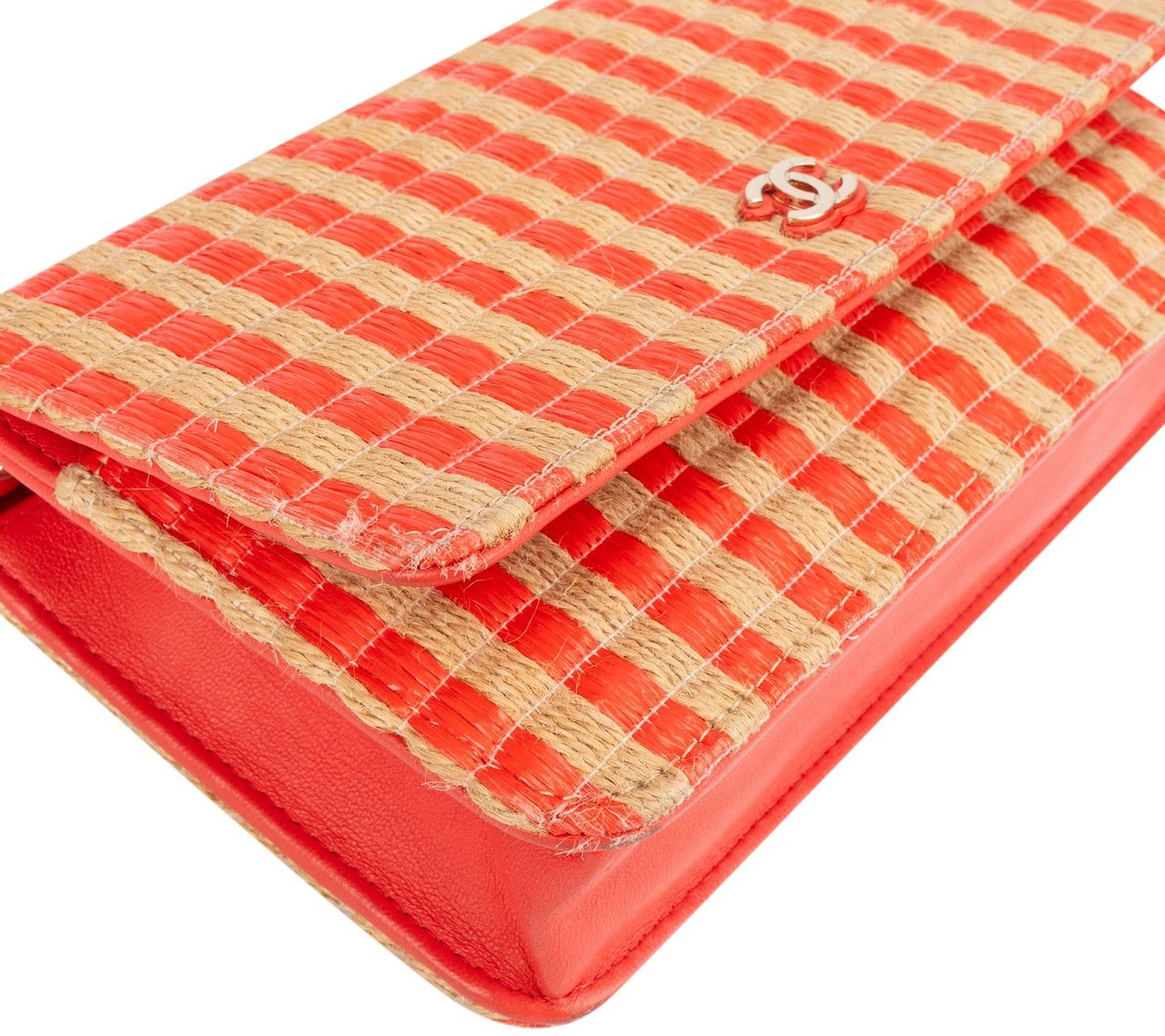 Chanel Raffia Gingham Wallet On Chain Crossbody Bag Oranje