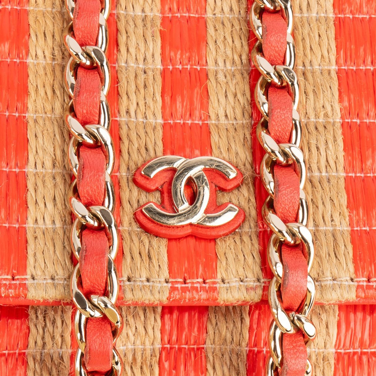 Chanel Raffia Gingham Wallet On Chain Crossbody Bag Oranje