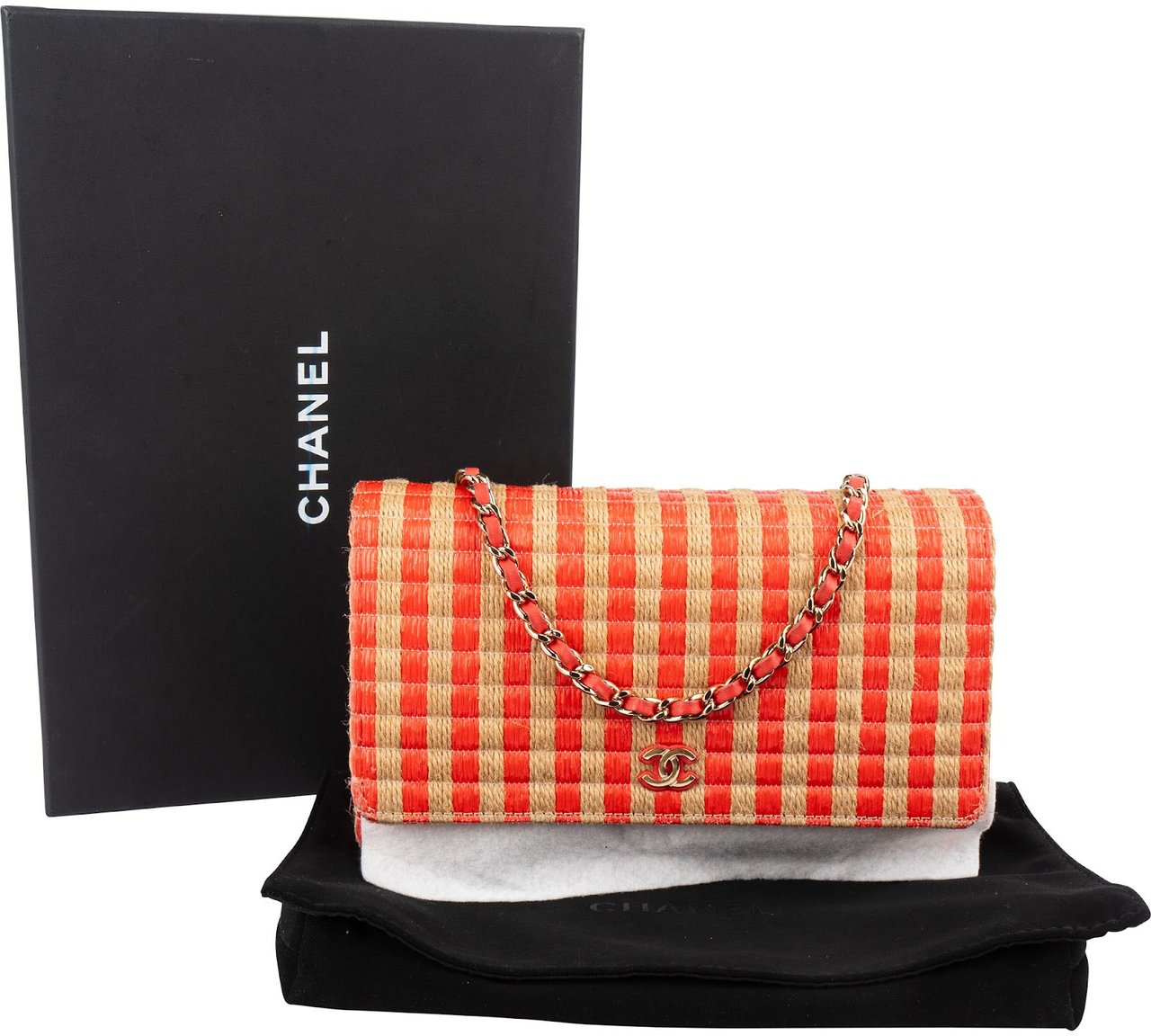 Chanel Raffia Gingham Wallet On Chain Crossbody Bag Oranje