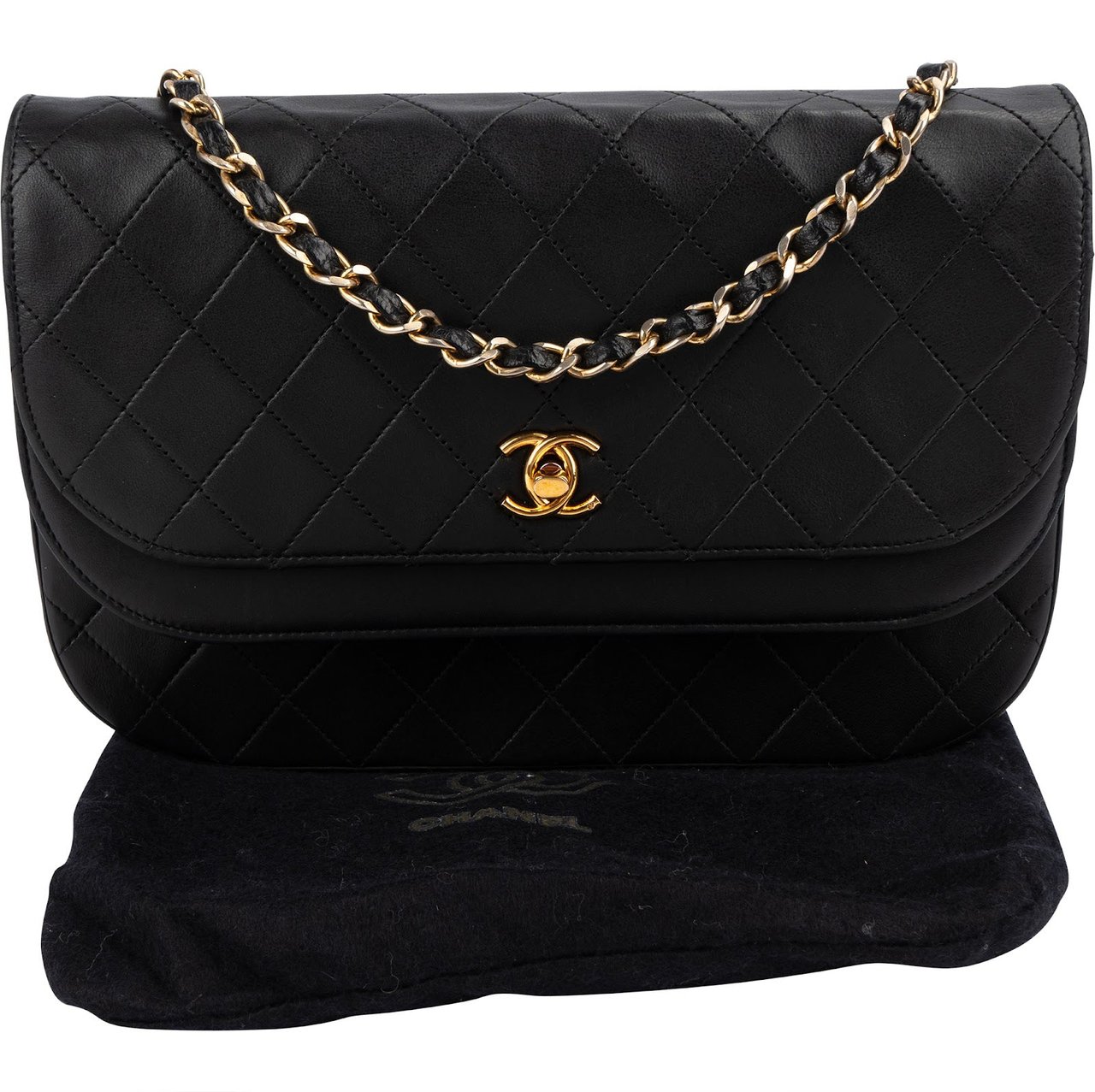 Chanel Chanel Quilted Lambskin Half Moon 24K Gold Double Flap Shoulder Bag Zwart