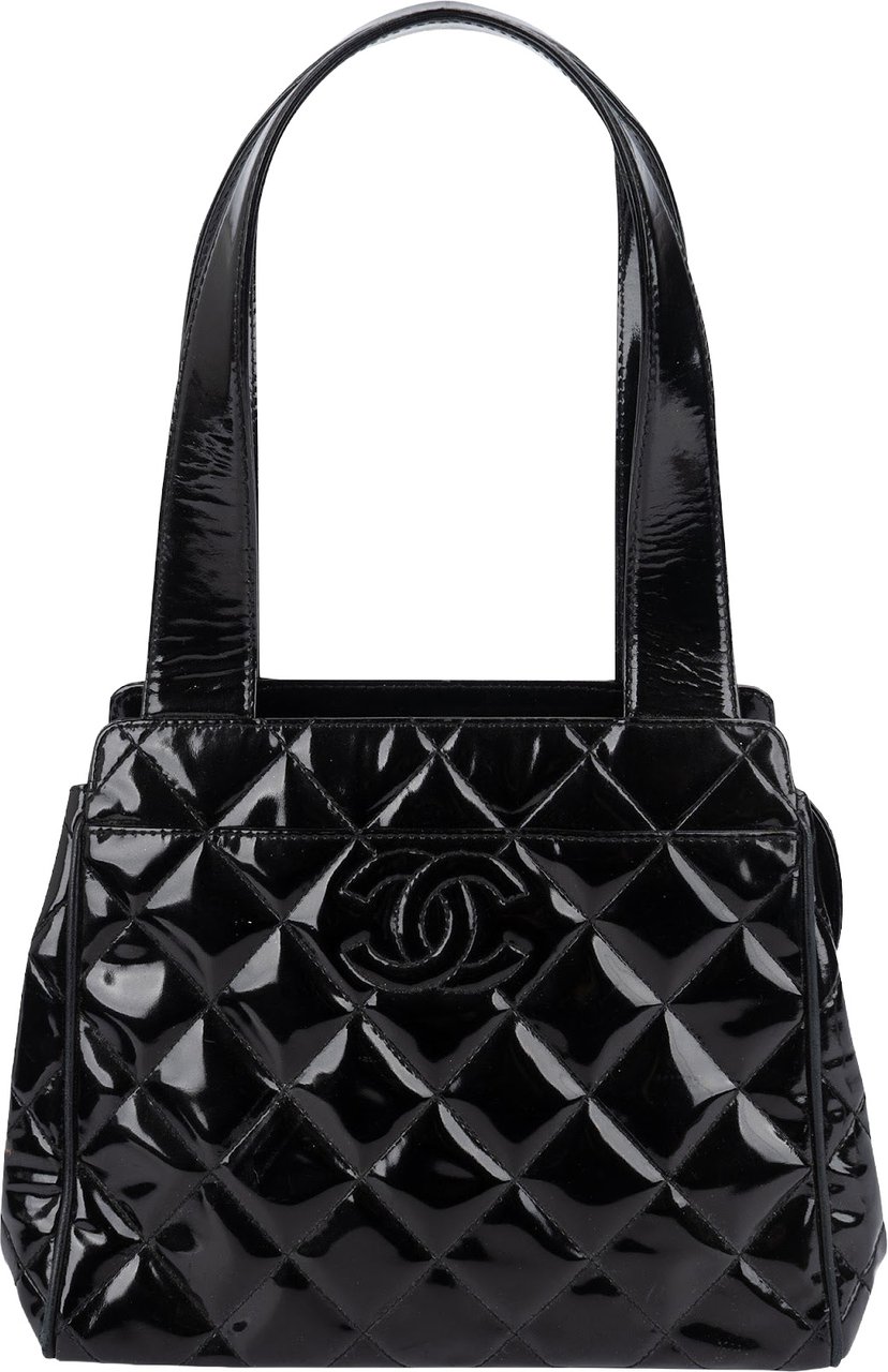 Chanel Quilted Patent Leather CC Small Tote Handbag Zwart