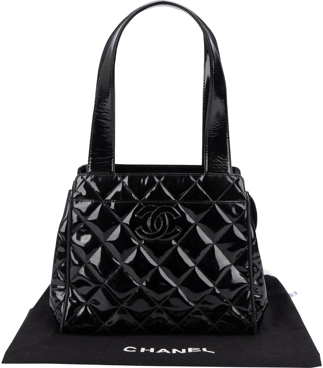 Chanel Quilted Patent Leather CC Small Tote Handbag Zwart