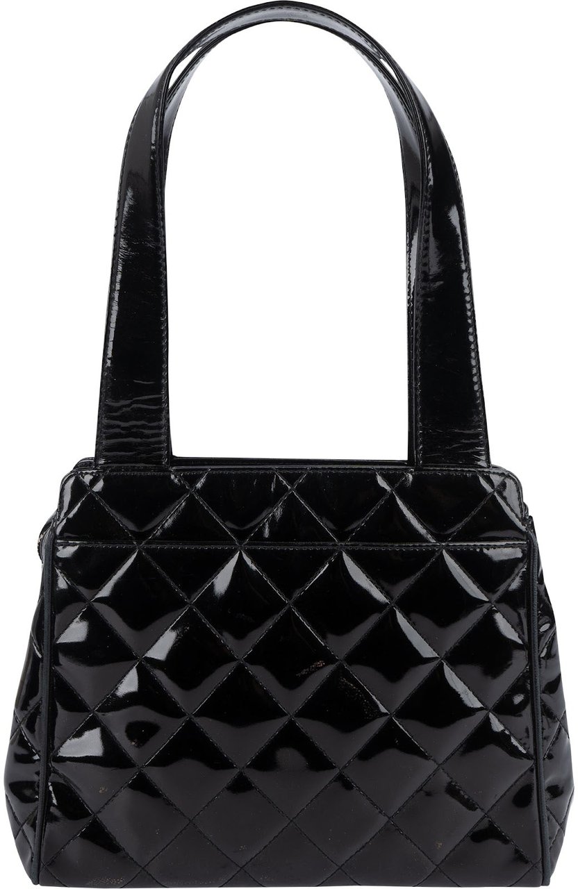 Chanel Quilted Patent Leather CC Small Tote Handbag Zwart