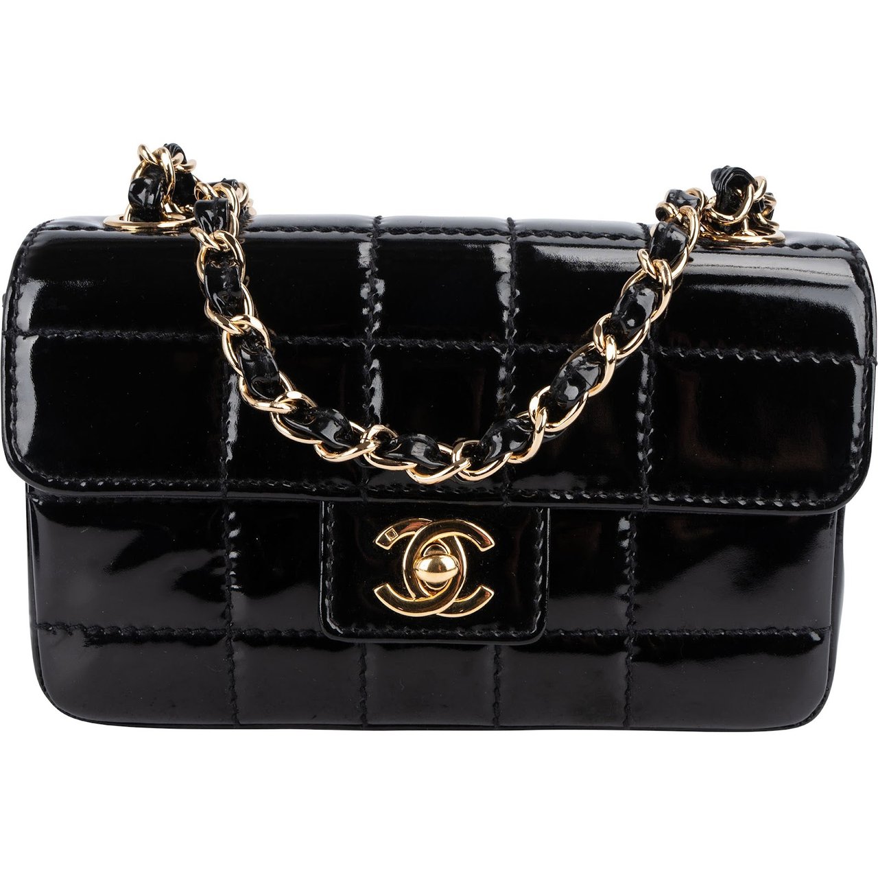 Chanel Chanel Patent Leather Chocolate Bar 24K Gold Single Flap Crossbody Bag Zwart