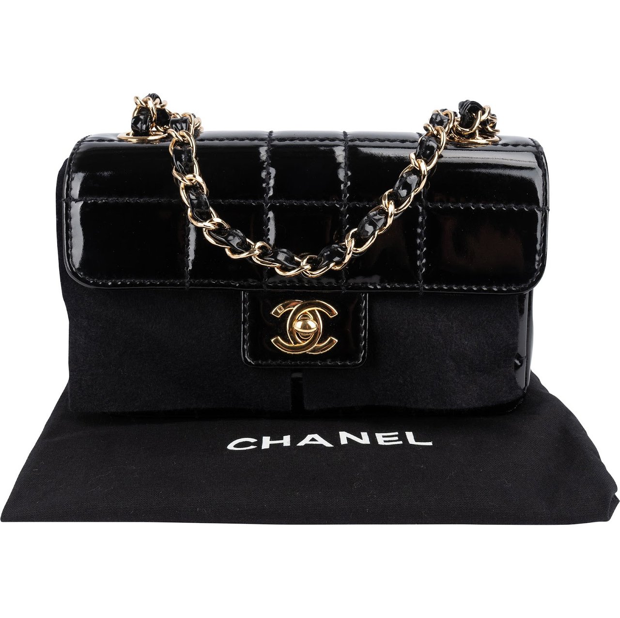 Chanel Chanel Patent Leather Chocolate Bar 24K Gold Single Flap Crossbody Bag Zwart