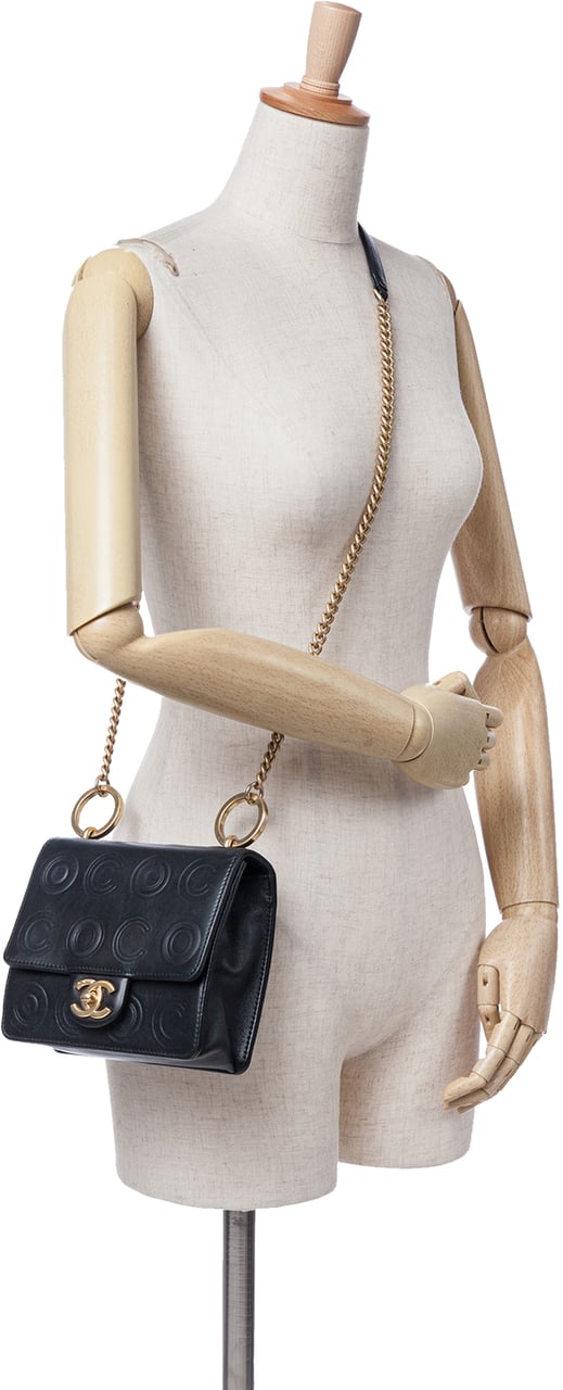 Chanel Mini Square Calfskin Coco Embossed Flap Zwart