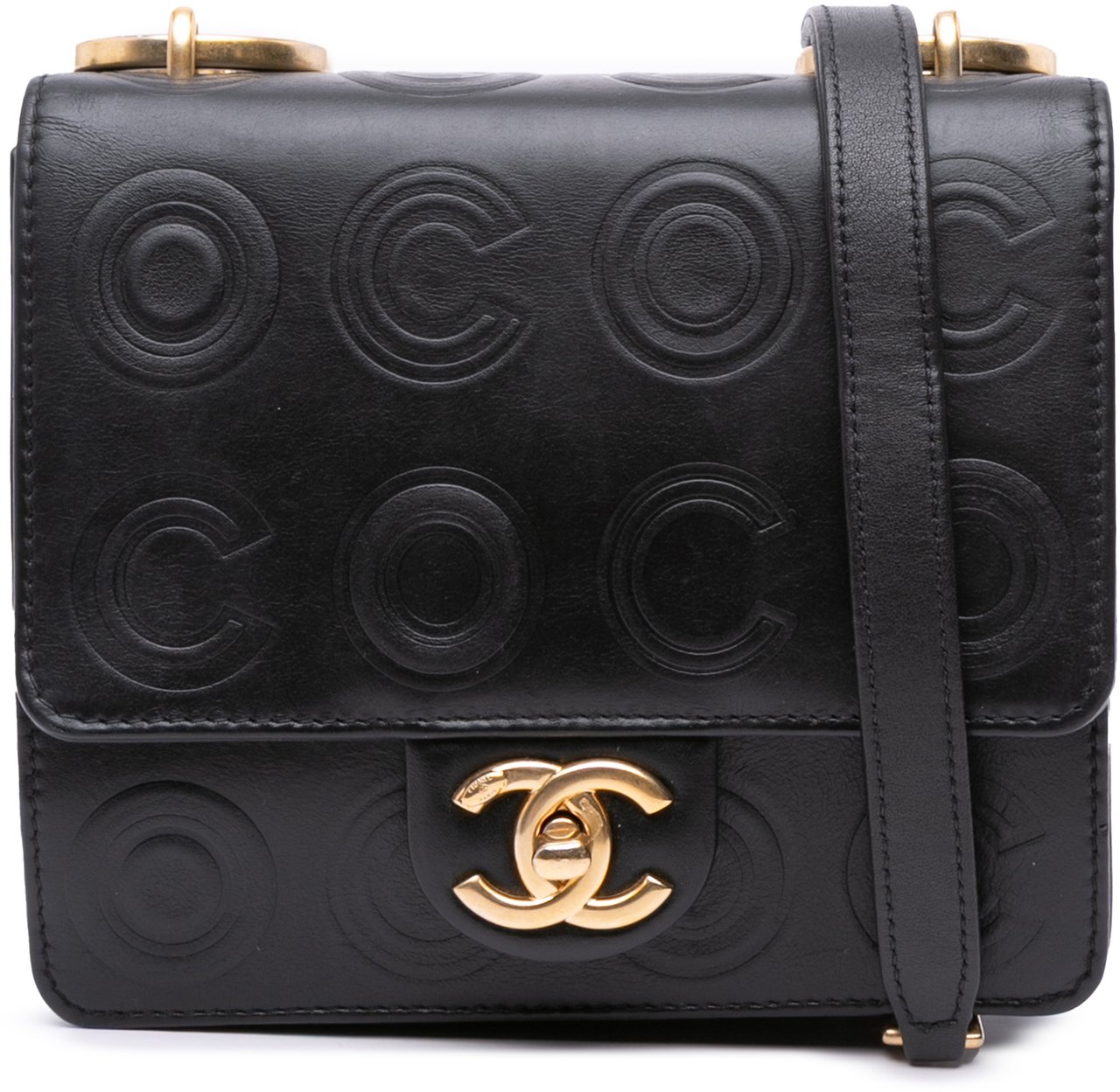 Chanel Mini Square Calfskin Coco Embossed Flap Zwart
