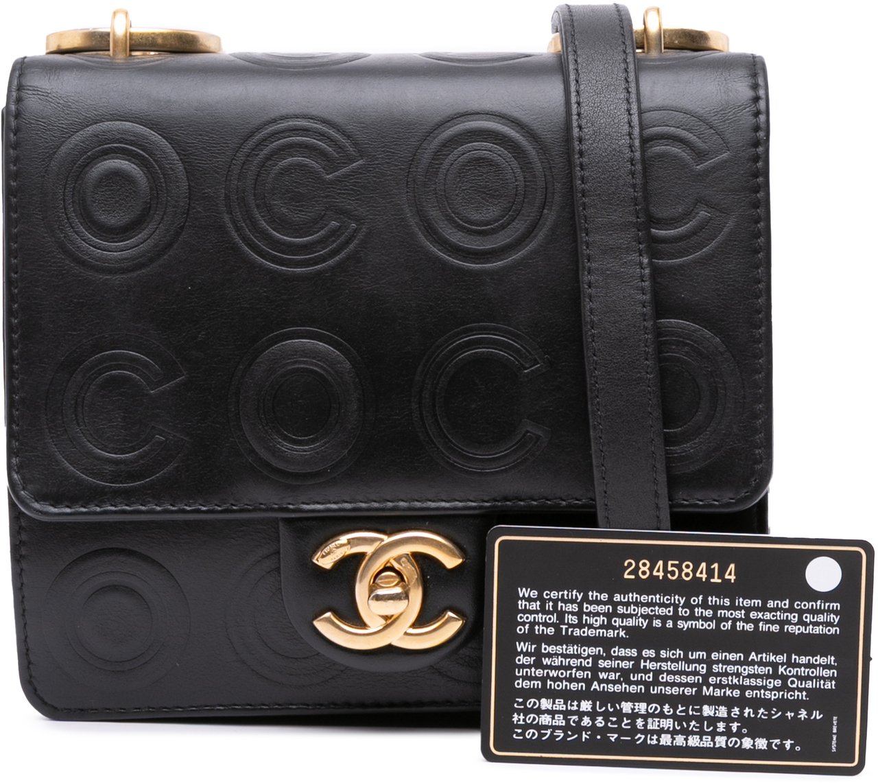 Chanel Mini Square Calfskin Coco Embossed Flap Zwart
