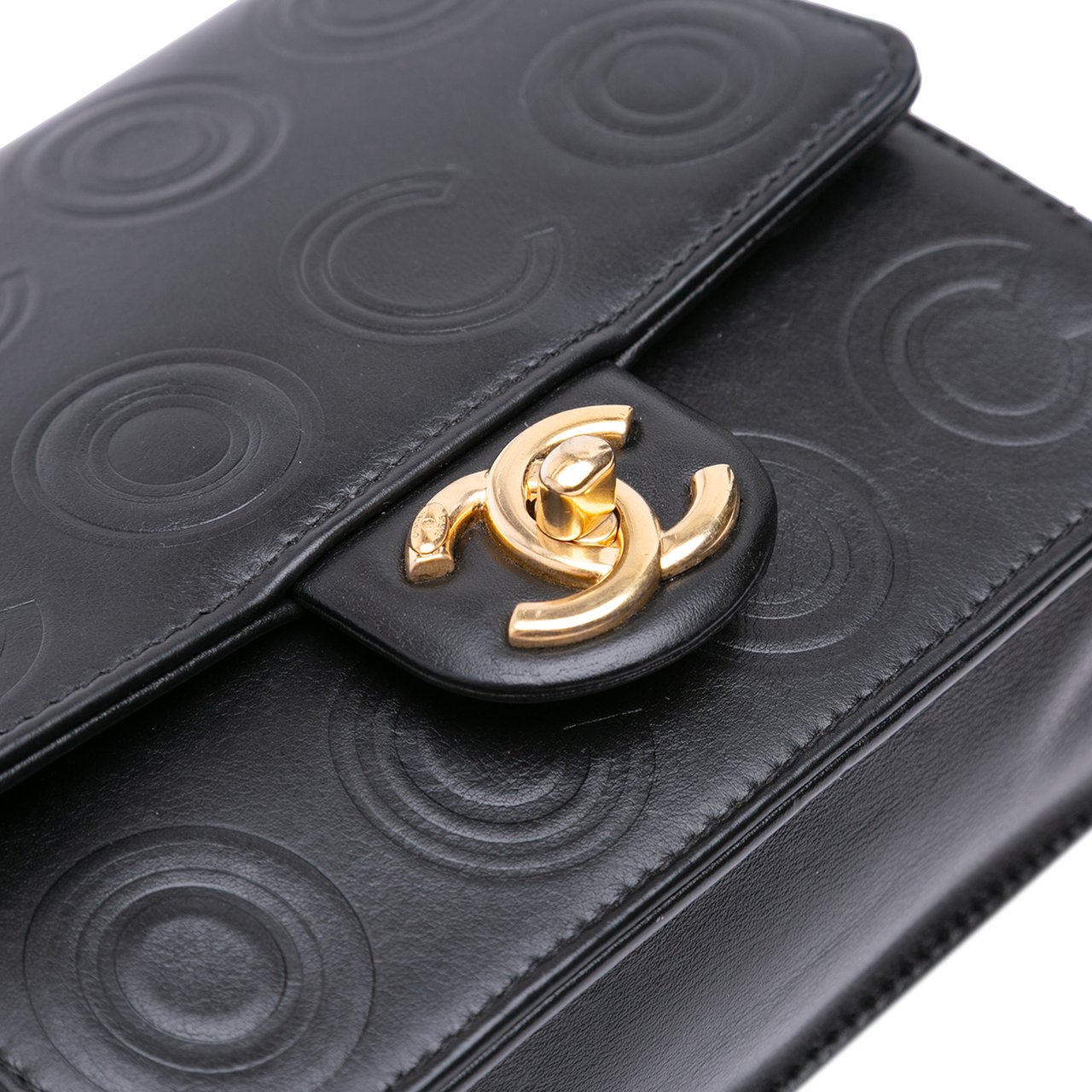 Chanel Mini Square Calfskin Coco Embossed Flap Zwart
