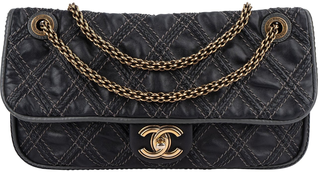 Chanel Chanel  Stitching Lambskin Single Flap Shoulder Bag Zwart