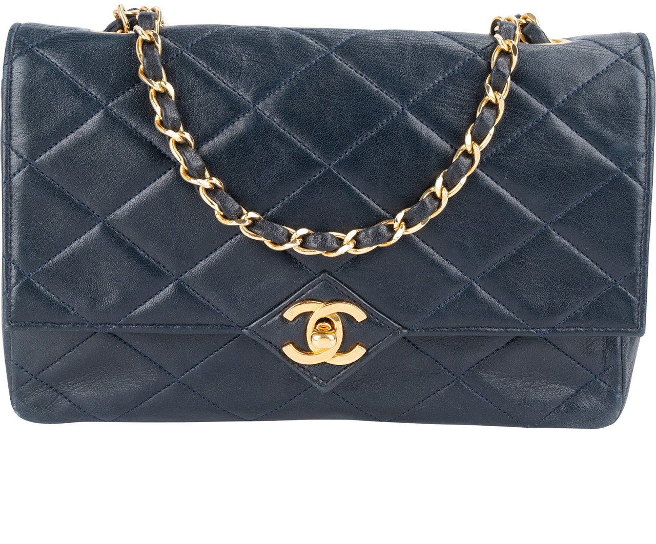 Chanel Chanel Quilted Lambskin 24K Gold Single Flap Crossbody Bag Navy