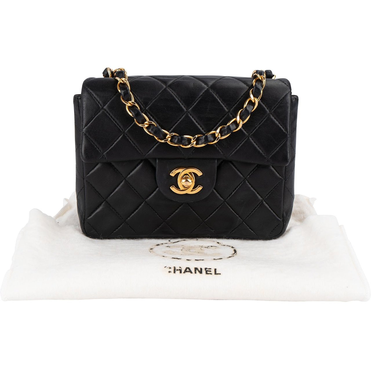 Chanel Chanel Quilted Lambskin Mini Rectangular 24K Gold Single Flap Crossbody Bag Zwart