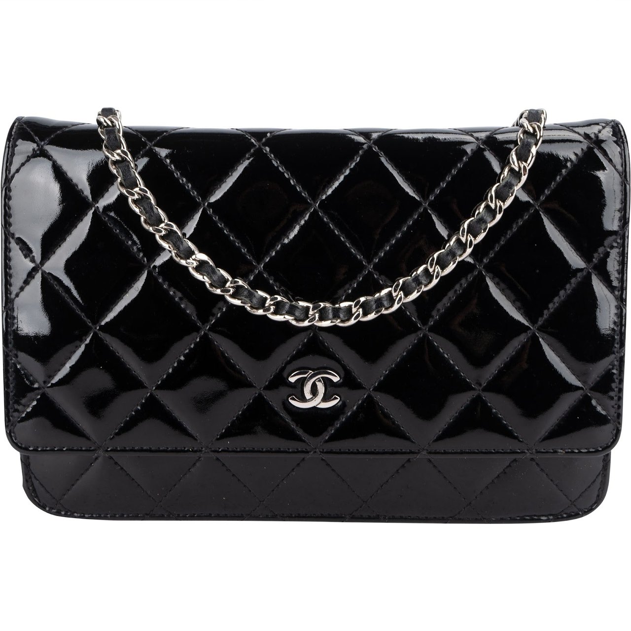 Chanel Chanel Quilted Patent Leather Wallet on Chain Crossbody Bag Zwart