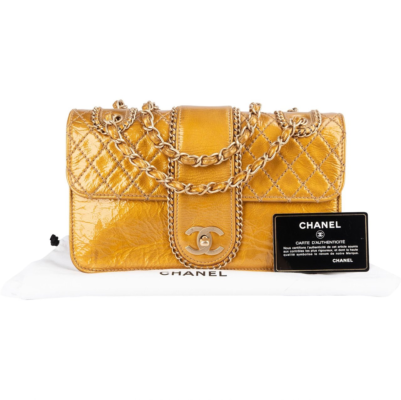 Chanel Chanel Crinkled Stitched Patent Leather Chain Around Single Flap Shoulder Bag Goud