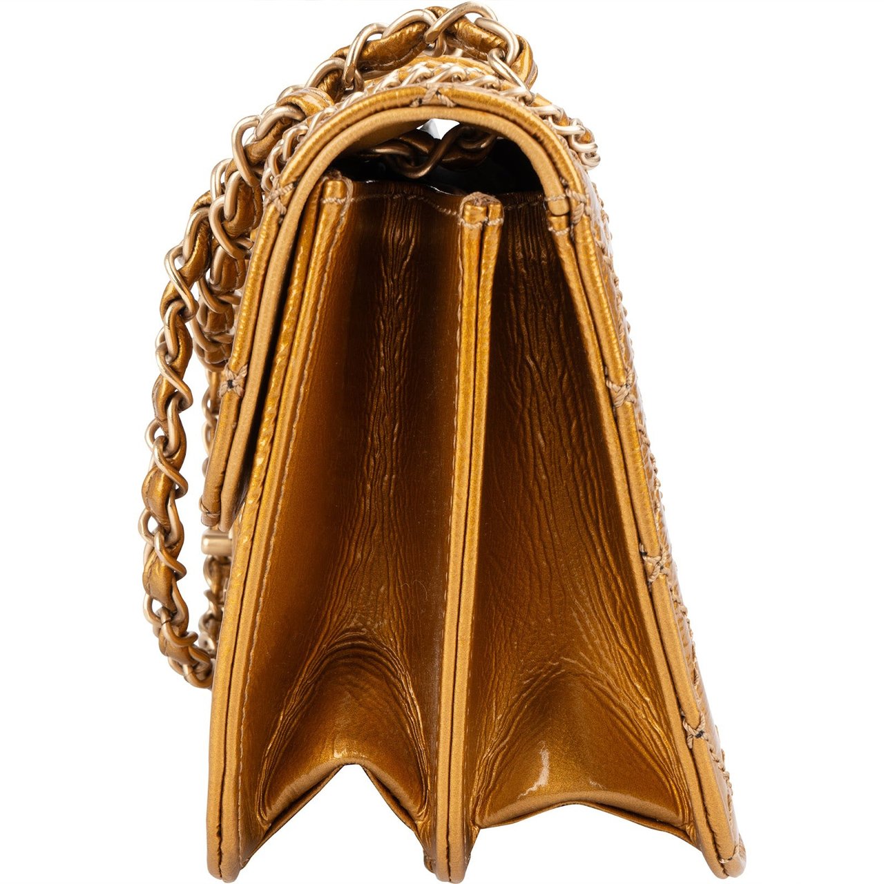 Chanel Chanel Crinkled Stitched Patent Leather Chain Around Single Flap Shoulder Bag Goud