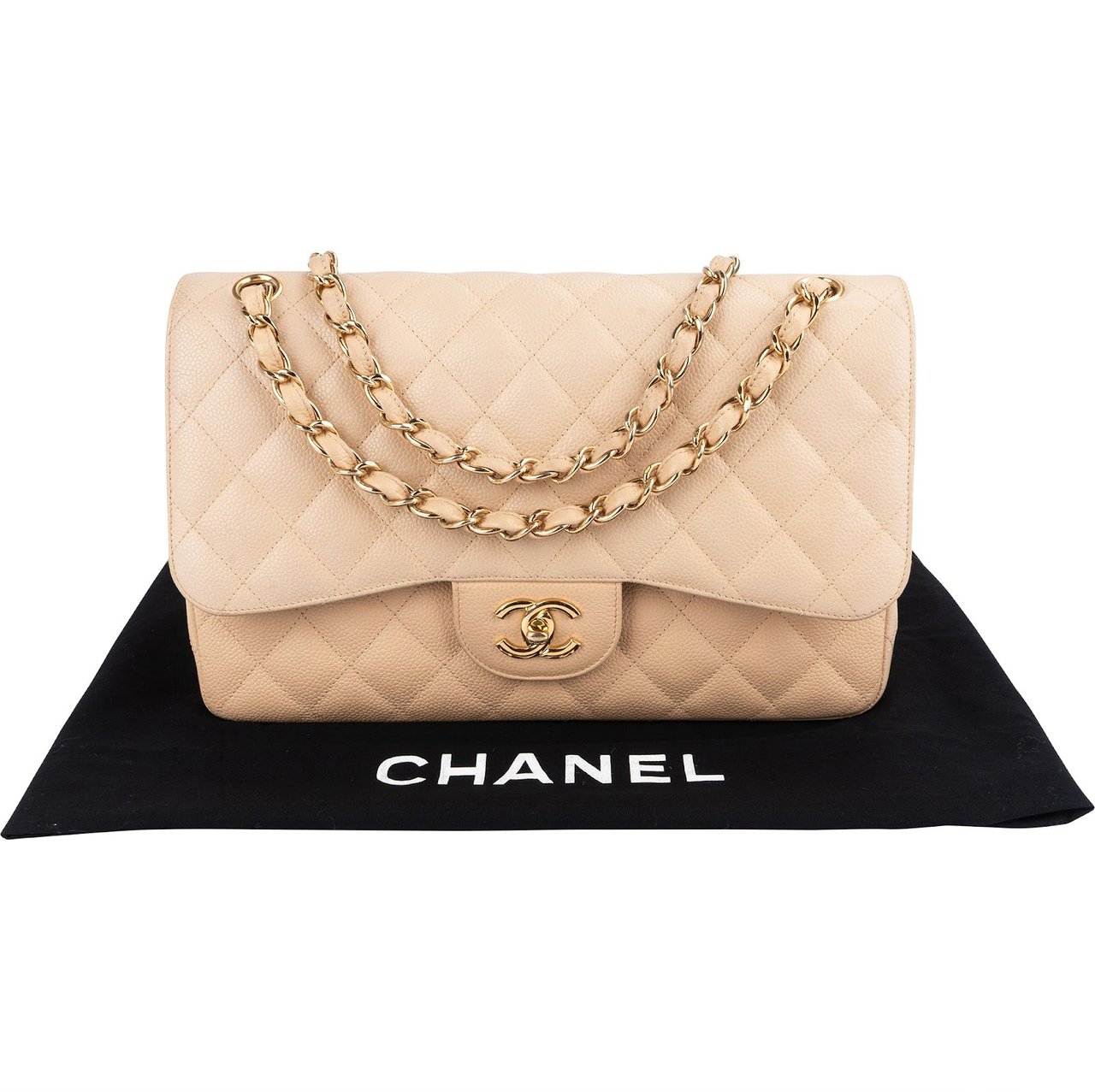 Chanel Caviar Leather Jumbo Double Flap Shoulder Crossbody Bag Beige