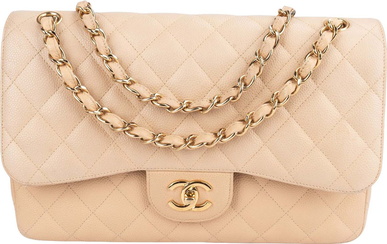 Chanel Caviar Leather Jumbo Double Flap Shoulder Crossbody Bag Beige