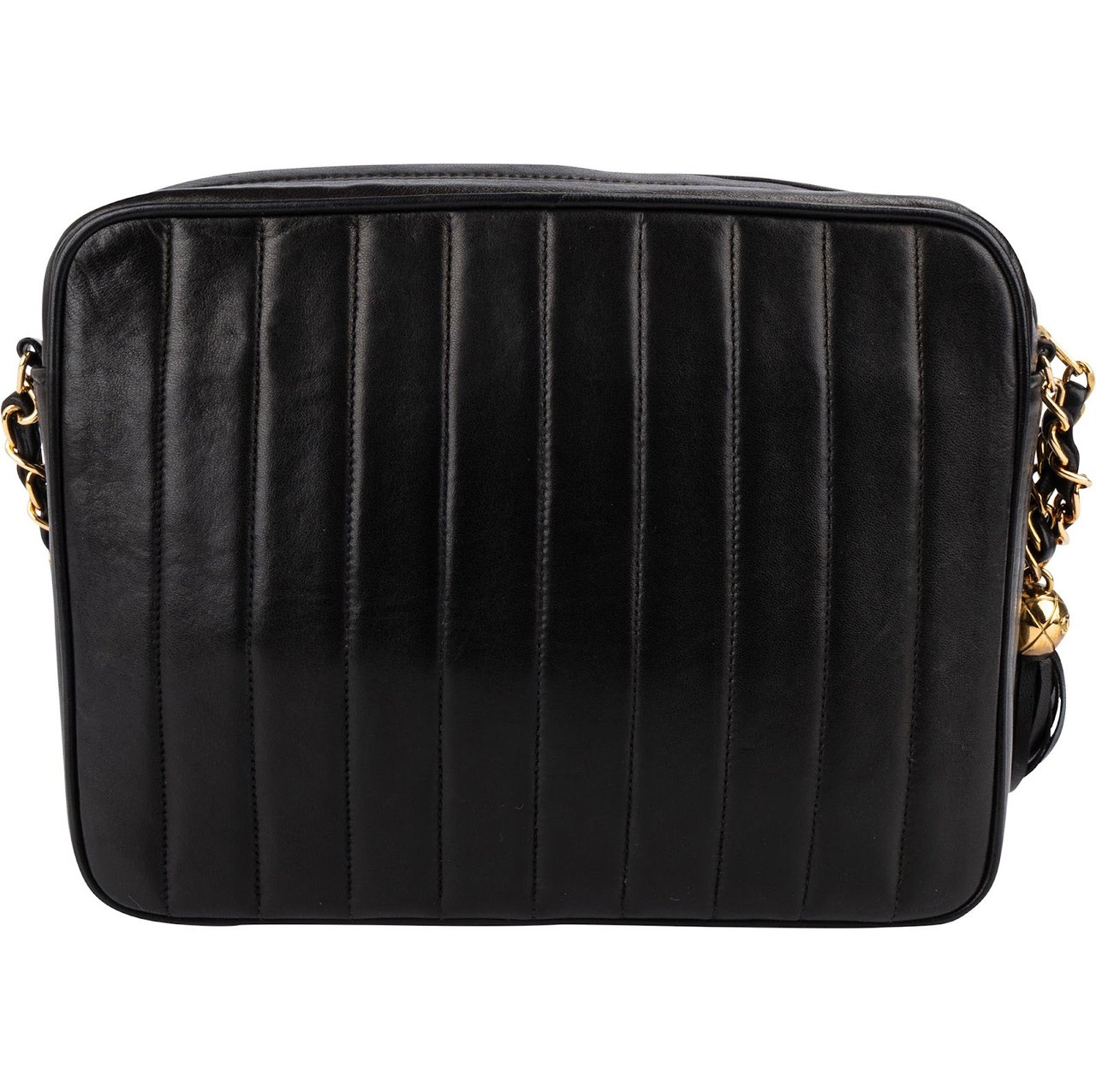 Chanel Lambskin Vertical Quilted Tassel 24K Gold Camera Crossbody Bag Bruin