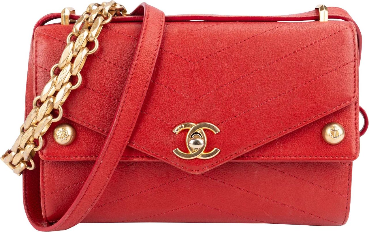 Chanel Chanel Stitched Leather Chevron Envelope Double Flap Shoulder Crossbody Bag Rood