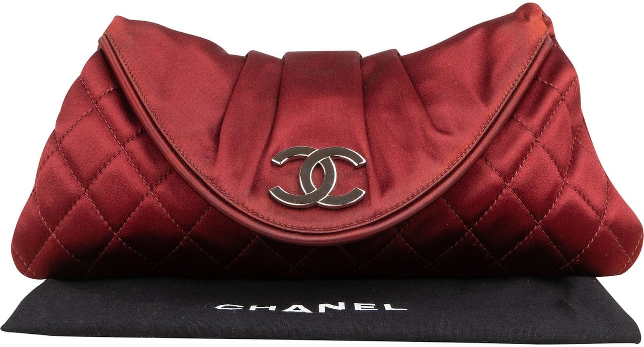 Chanel Chanel Quilted Satin Pleated Flap Clutch Bag Maroon
