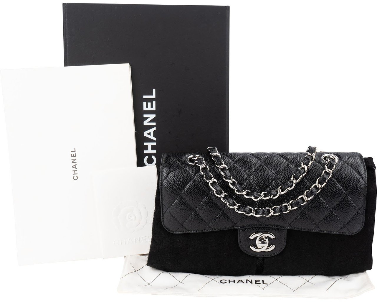 Chanel Chanel Quilted Caviar Leather Palladium Small Double Flap Shoulder Bag Zwart