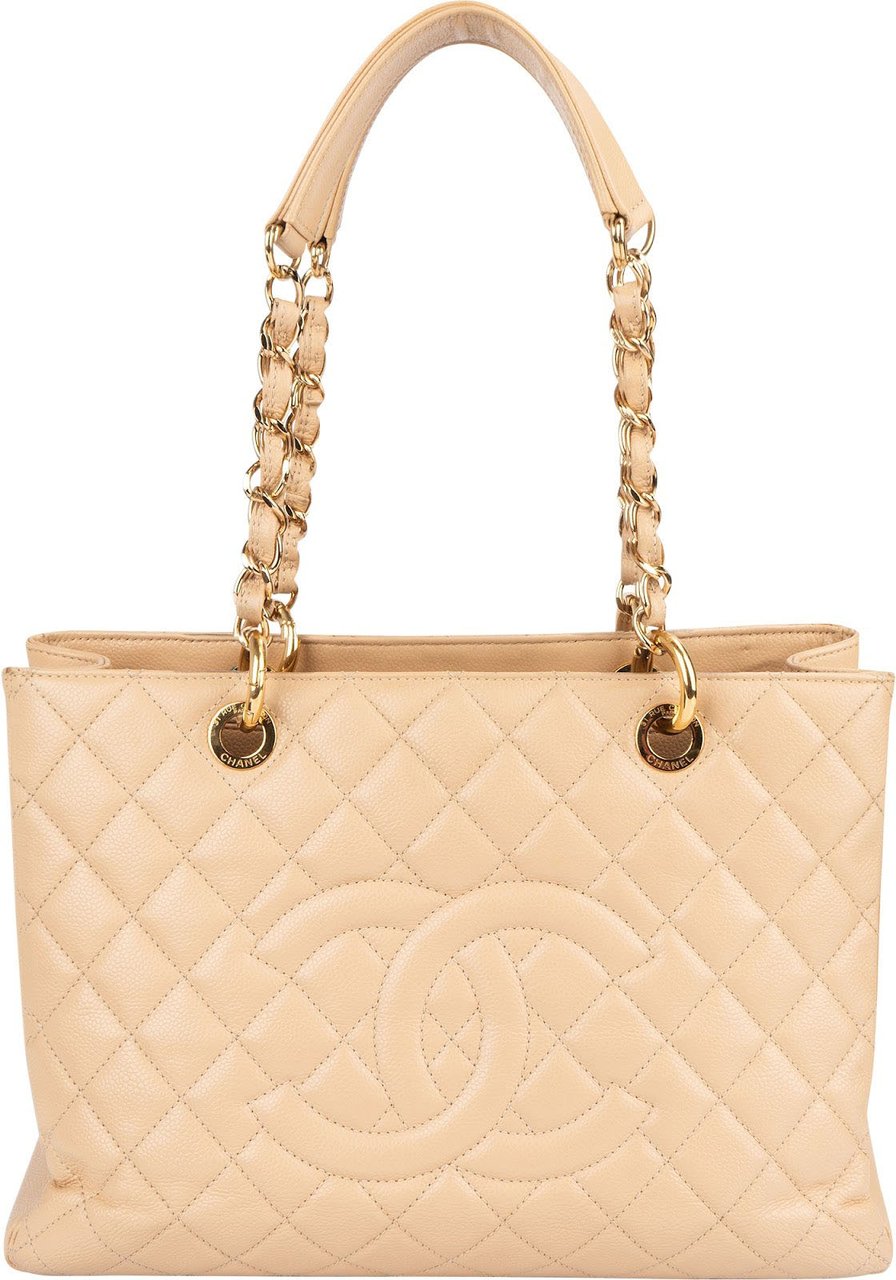 Chanel Quilted Caviar Leather CC Grand Shopping Tote Shoulder Bag Beige