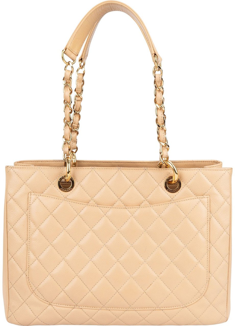 Chanel Quilted Caviar Leather CC Grand Shopping Tote Shoulder Bag Beige