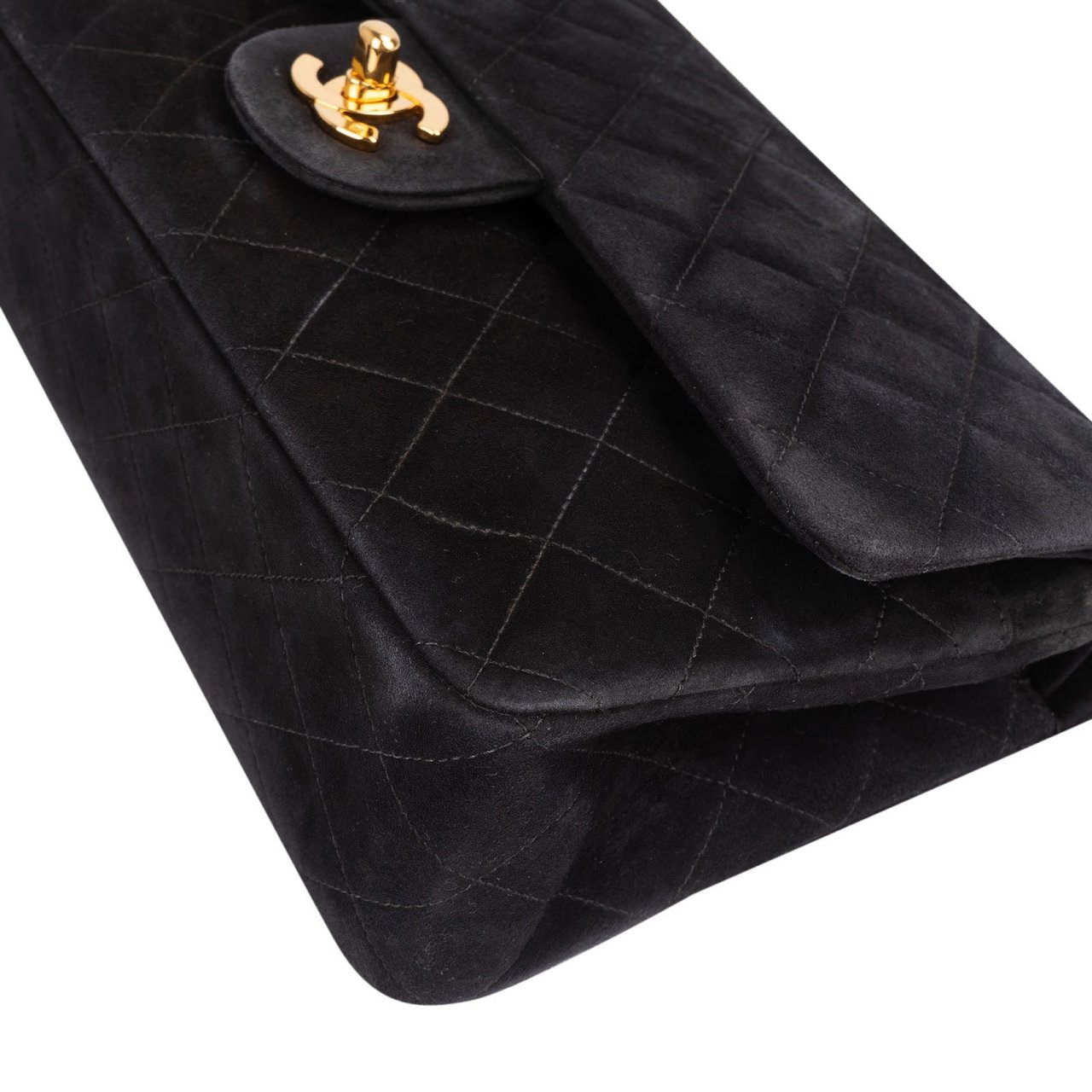 Chanel Chanel Quilted Suede 24K Gold Medium Double Flap Shoulder Bag Zwart