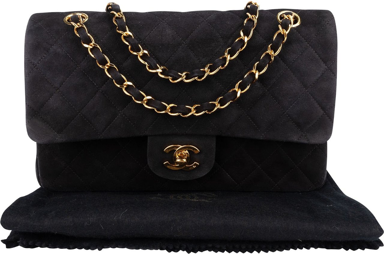 Chanel Chanel Quilted Suede 24K Gold Medium Double Flap Shoulder Bag Zwart
