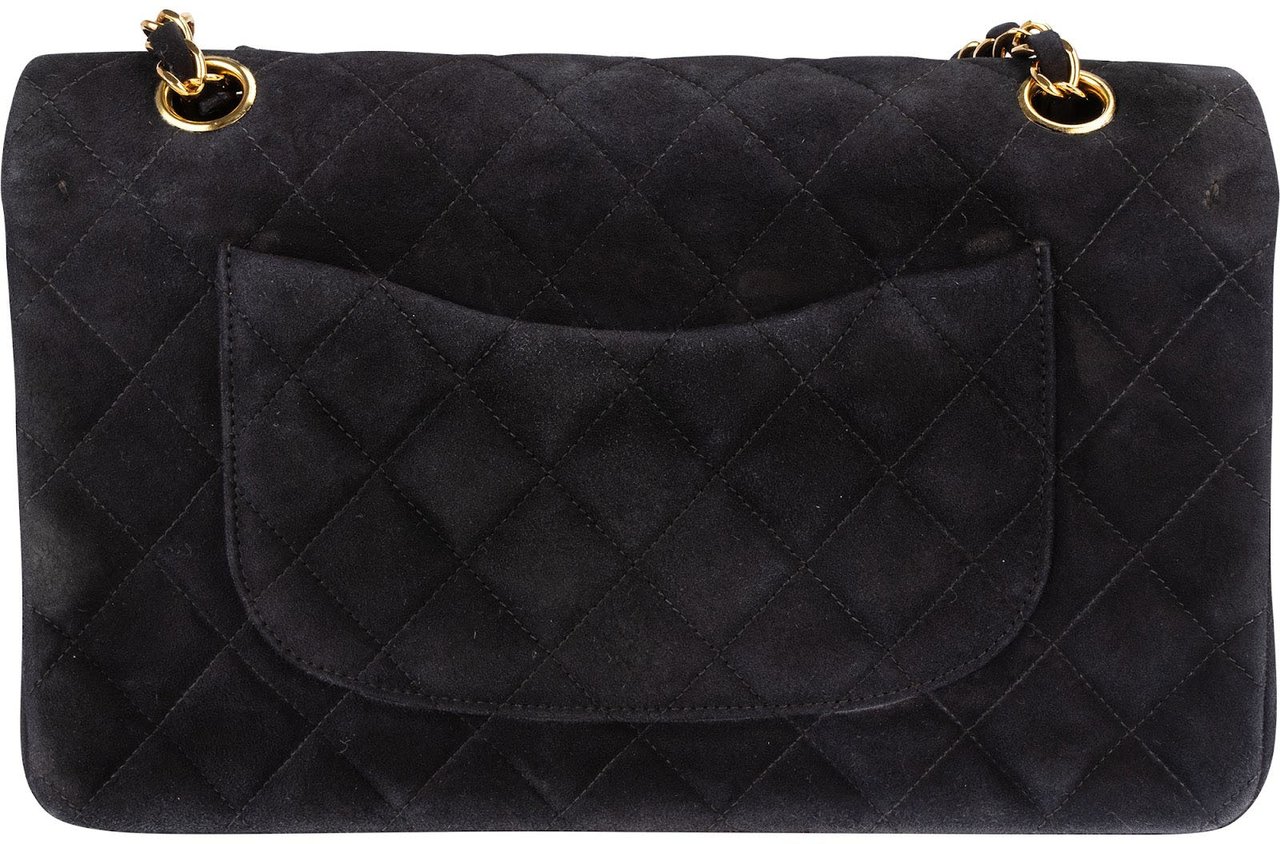 Chanel Chanel Quilted Suede 24K Gold Medium Double Flap Shoulder Bag Zwart