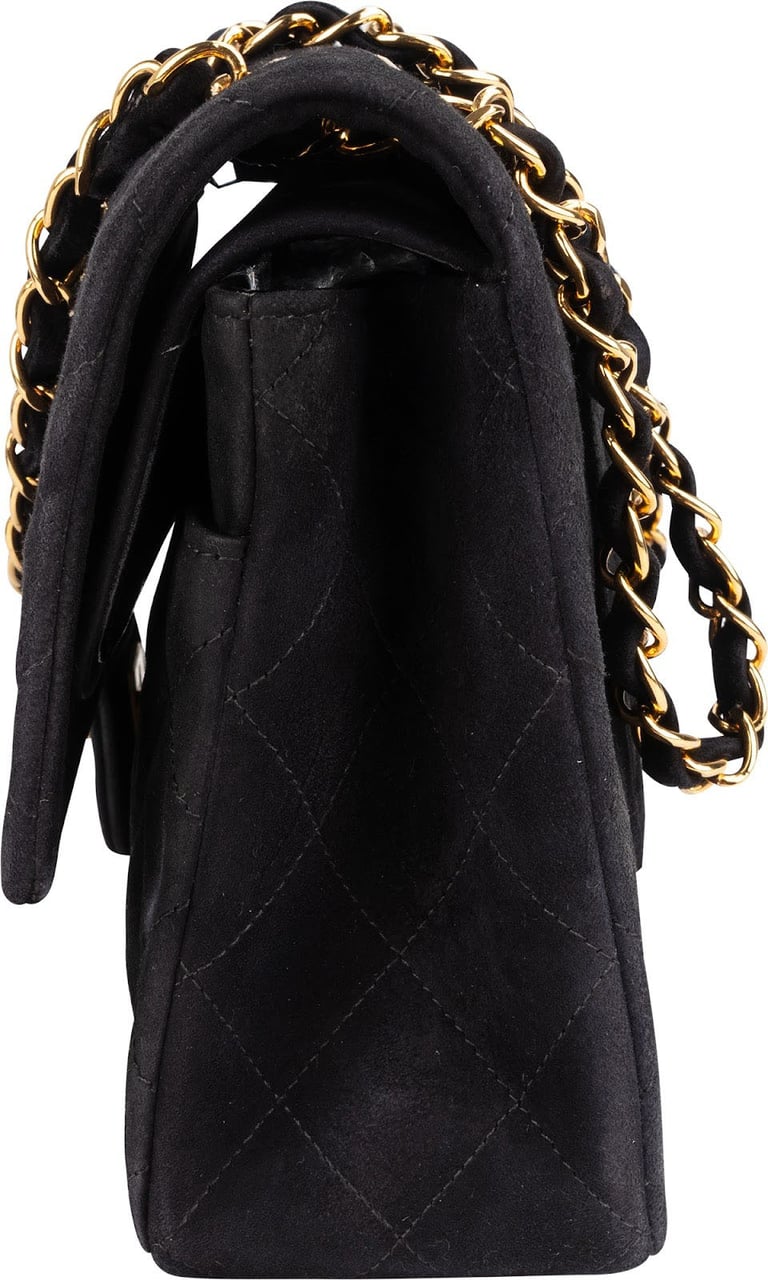 Chanel Chanel Quilted Suede 24K Gold Medium Double Flap Shoulder Bag Zwart