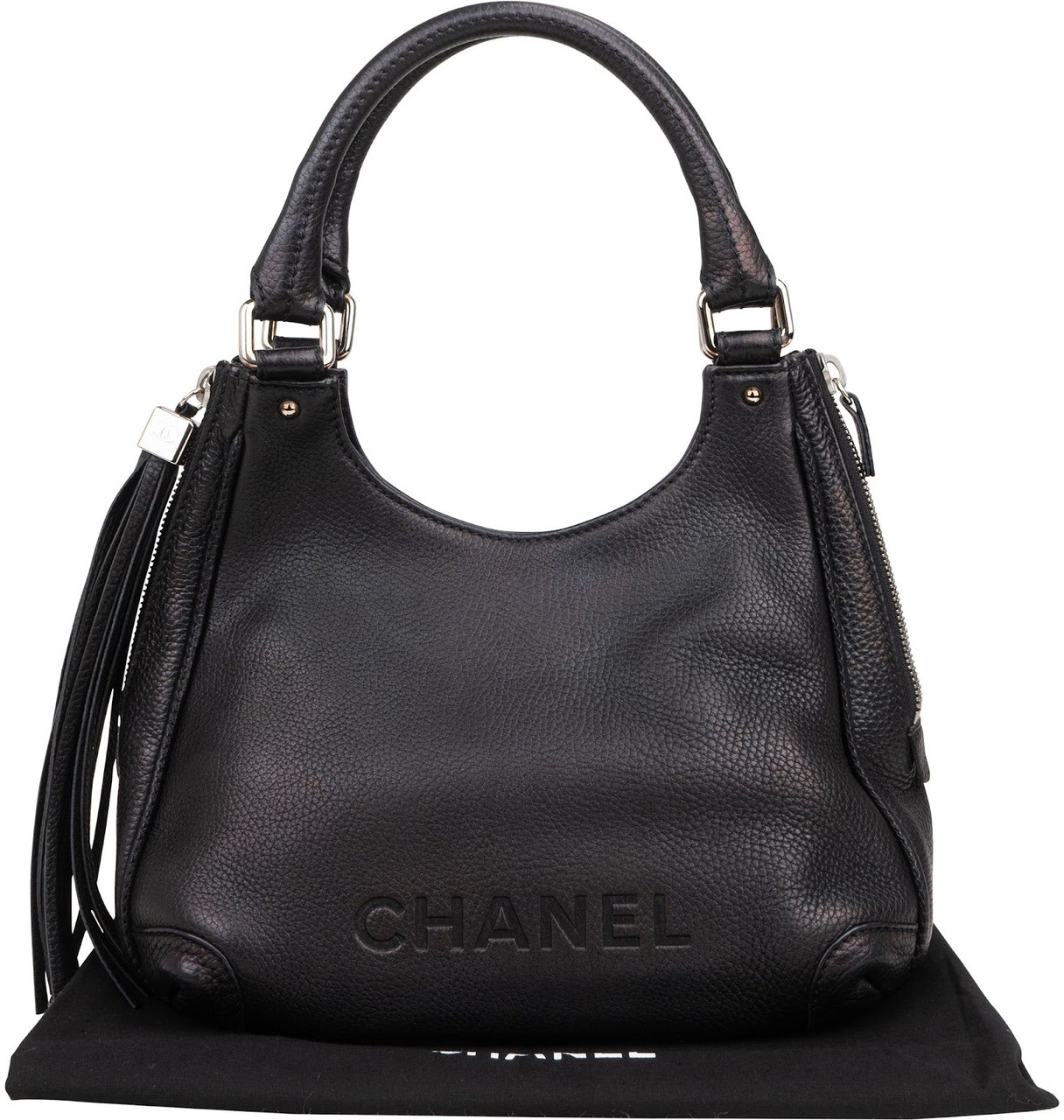 Chanel Grained Calfskin Tassel Hobo Shoulder Bag Zwart