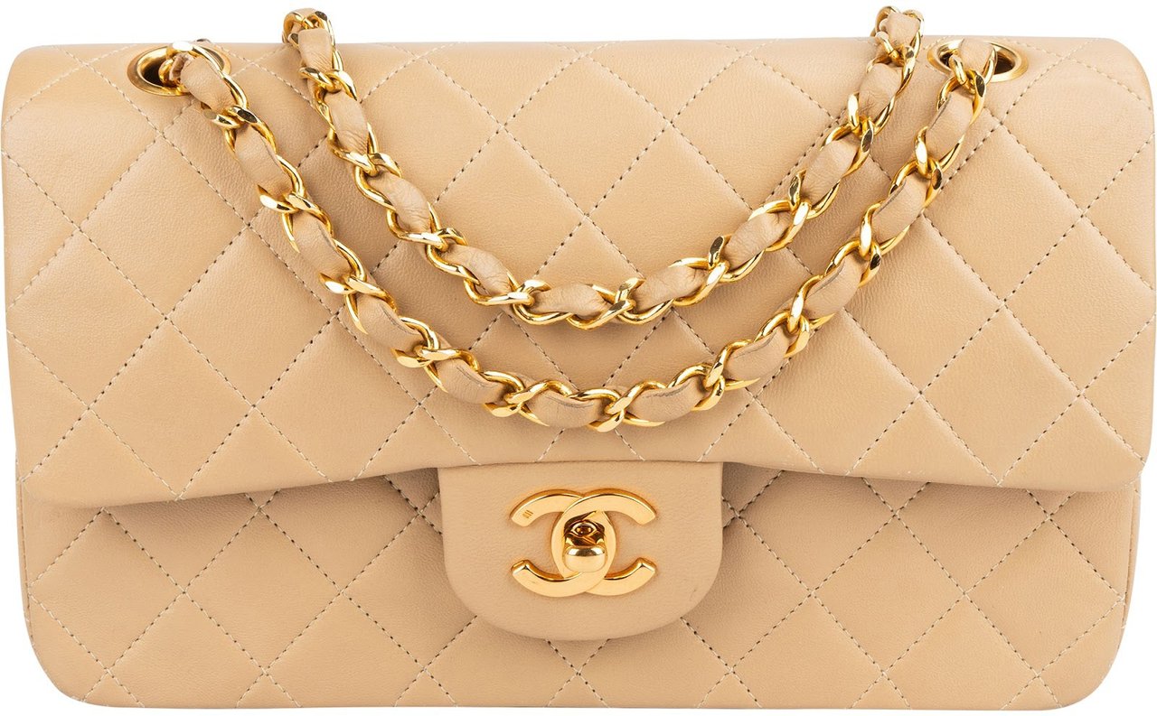 Chanel Chanel Quilted Lambskin 24K Gold Small Double Flap Shoulder Bag Beige