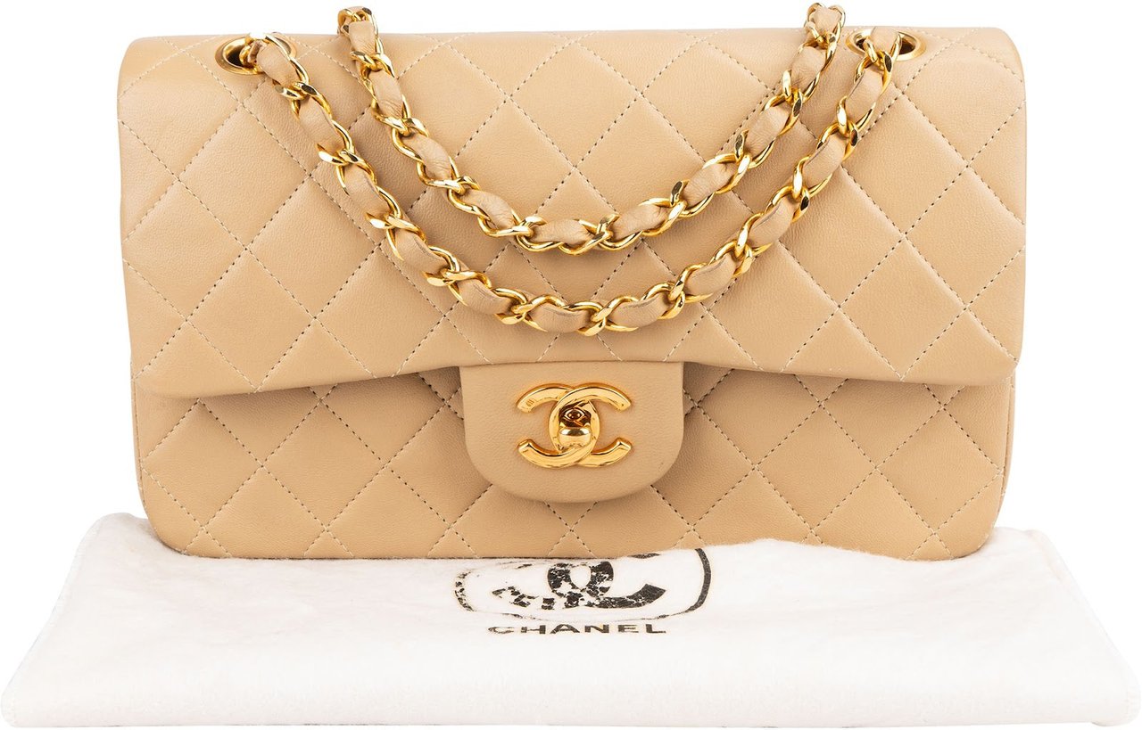 Chanel Chanel Quilted Lambskin 24K Gold Small Double Flap Shoulder Bag Beige