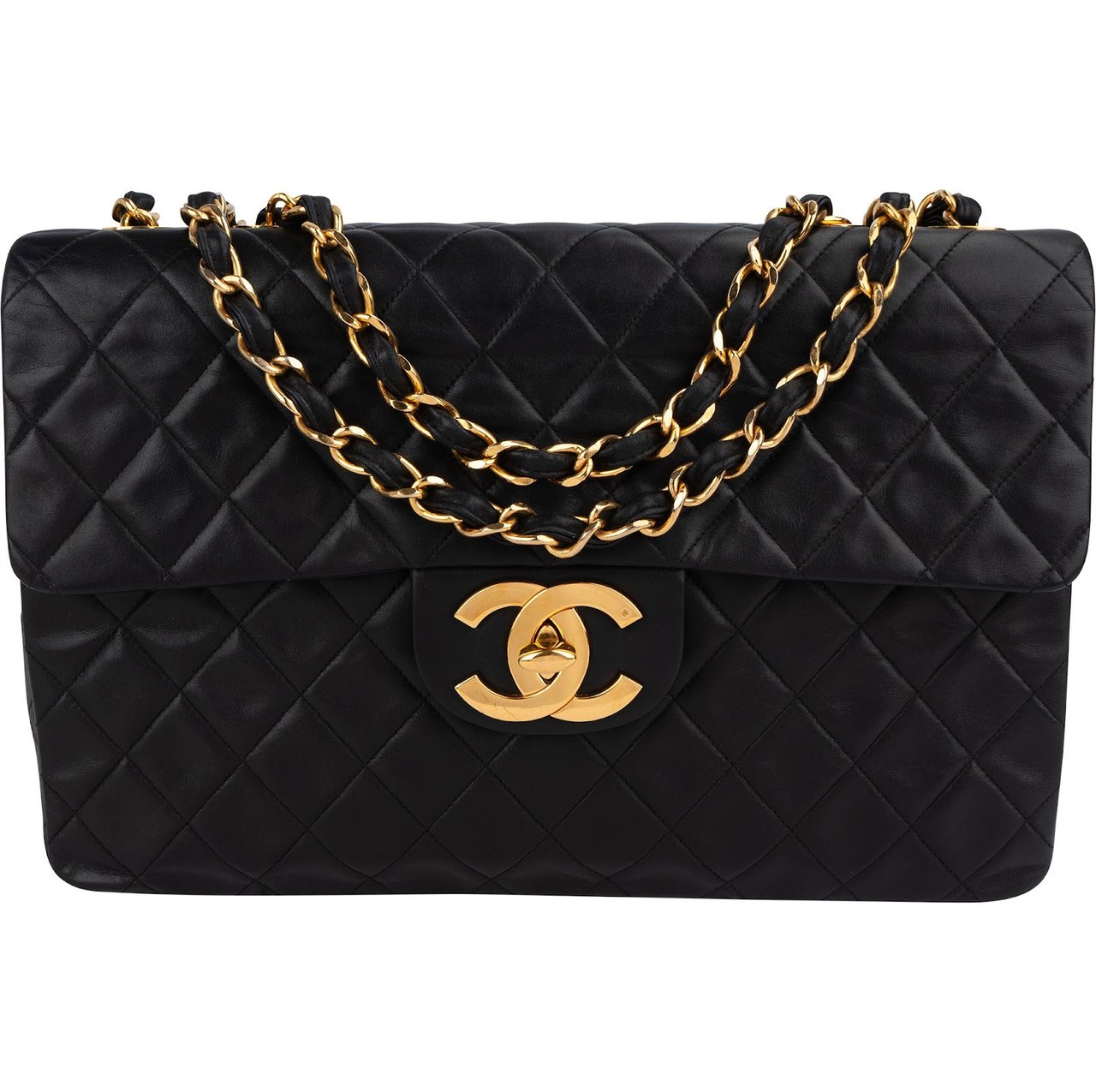 Chanel Quilted Lambskin 24K Gold Maxi Single Flap Crossbody Bag Zwart
