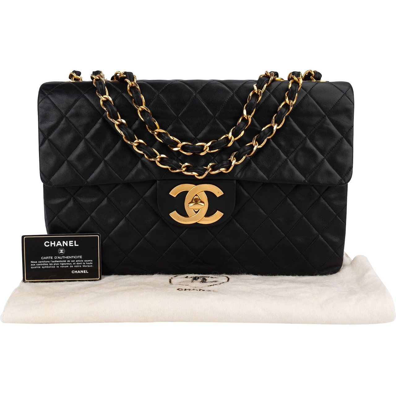 Chanel Quilted Lambskin 24K Gold Maxi Single Flap Crossbody Bag Zwart