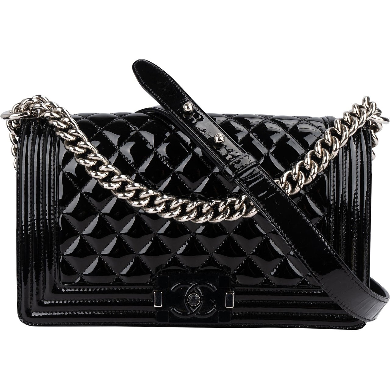 Chanel Chanel Quilted Patent Leather Medium Boy Crossbody Bag Zwart