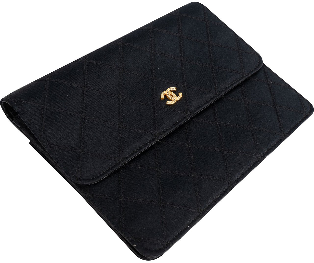Chanel Chanel Quilted Satin Crystal CC Flap Clutch Zwart