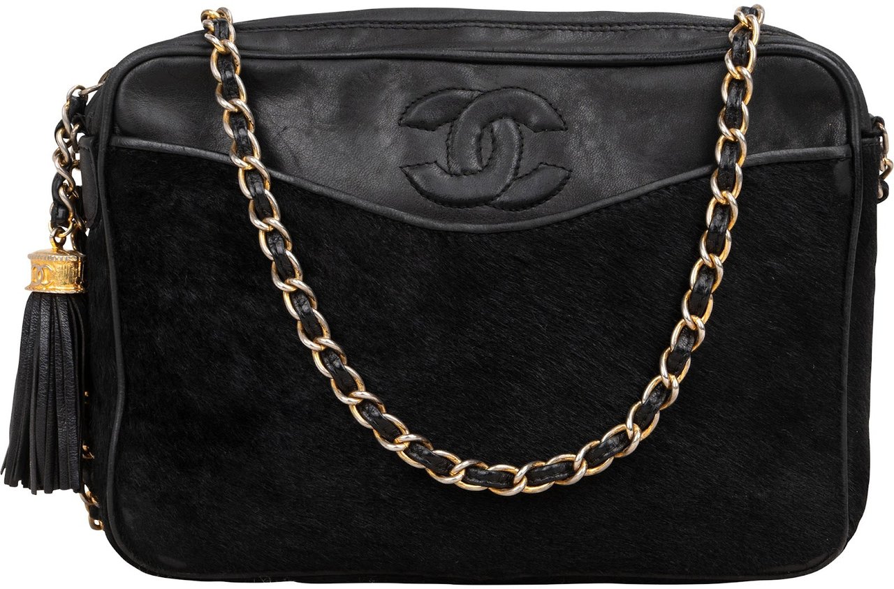 Chanel Chanel Pony Hair & Leather Tassel Camera Crossbody Bag Zwart