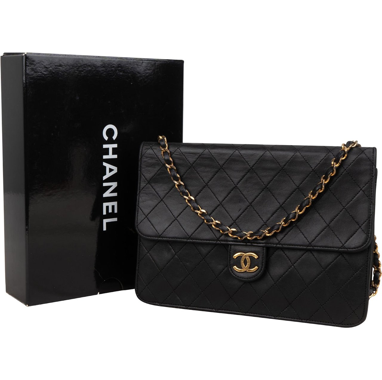 Chanel Quilted Lambskin 24K Gold Single Flap Shoulder Bag Zwart